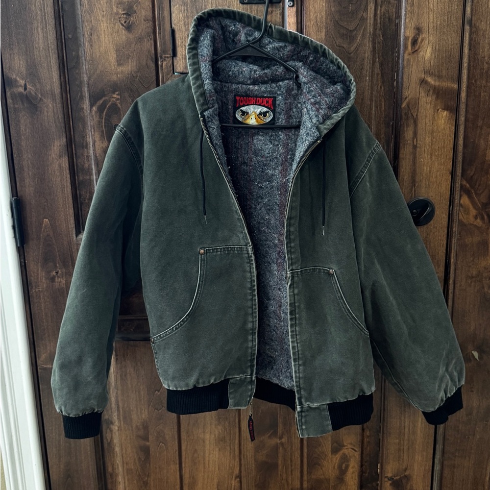 Vtg Tough Duck Green Barn Chore Jacket Coat Blanket Lined Detroit Style Size L